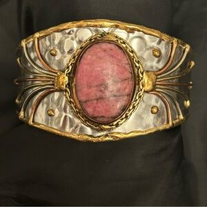 Rhodonite Mixed Metal Cuff Bracelet with Pink Stone